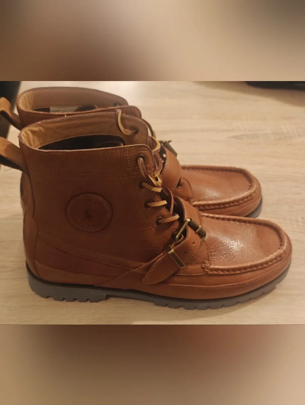Mens 11.5 Polo Ralph Lauren Ranger Boots brown tan high leather strap shoes logo